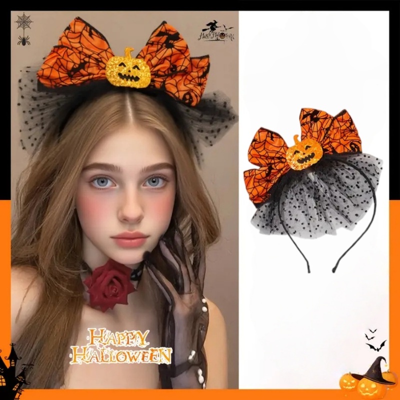 Spider Web Halloween Decoration - ที่คาดผมรูปฟักทองฮาโลวีน 1 ชิ้น โบว์สีส้มลายใยแมงมุม โบว์ลายค้างคาว โบว์ลายจุดสีดำ