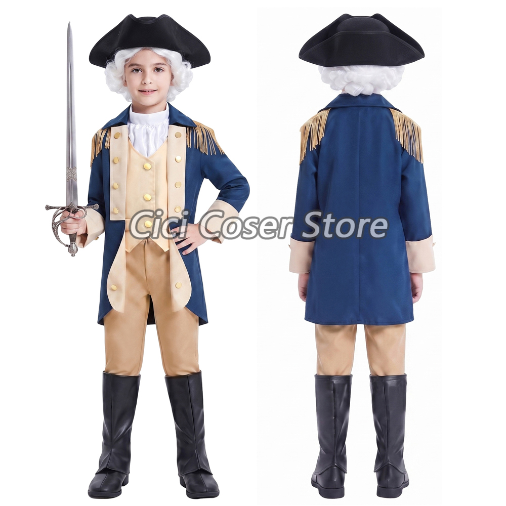 Halloween Costume Kids - ชุดคอสตูมจอร์จ วอชิงตัน ยุคอาณานิคม สำหรับเด็ก ชุดนายทหารประวัติศาสตร์ พร้อมหมวก