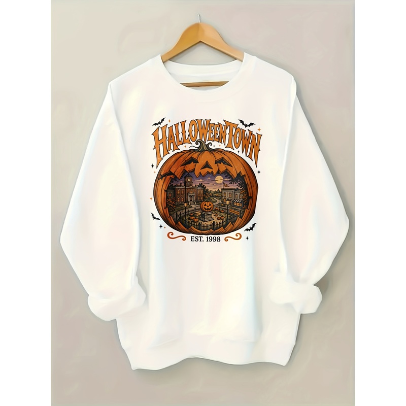 Pumpkin Lantern Halloween - เสื้อฮู้ดคอกลมสำหรับผู้หญิง ลายพิมพ์เมืองฮาโลวีนฤดูร้อน โคมไฟฟักทอง ฉากเมือง ลายค้างคาว EST