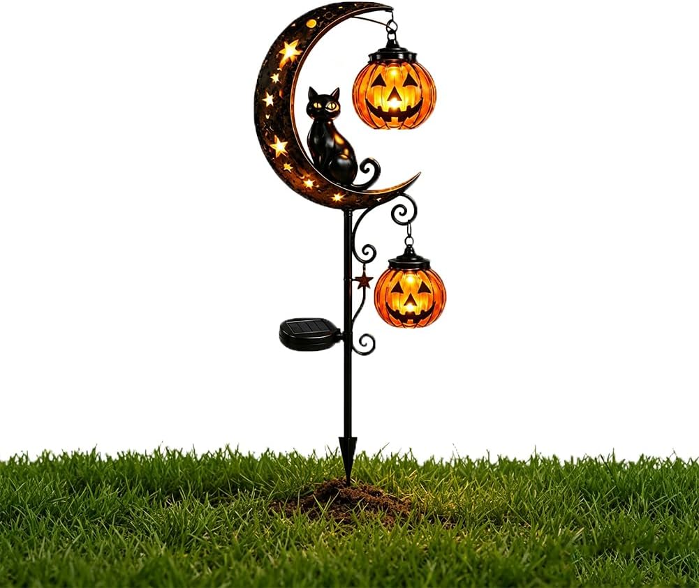 Pumpkin Lantern Halloween - ไฟประดับสวนรูปแมวดำ ฟักทอง และพระจันทร์ สำหรับฮาโลวีน พลังงานแสงอาทิตย์ กันน้ำสำหรับตกแต่งสวนกลางแจ้ง