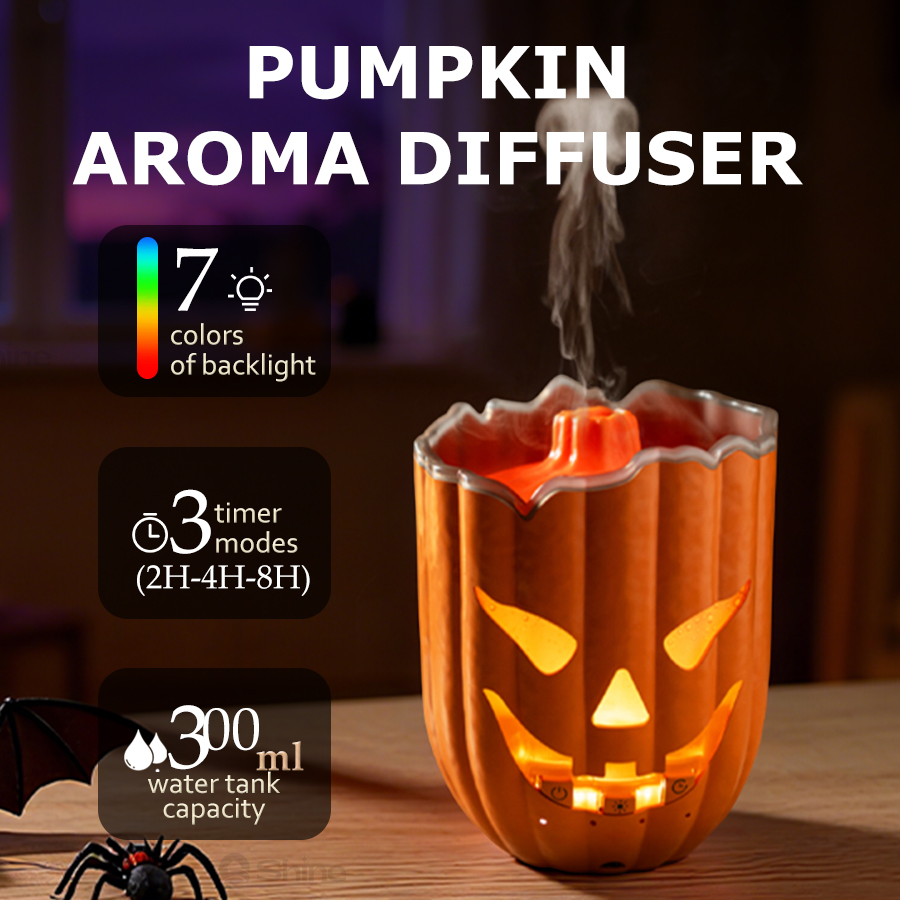 Halloween Pumpkin Decor Led - เครื่องเพิ่มความชื้นในอากาศรูปฟักทอง, ไฟ LED 7 สี, ตั้งเวลาได้