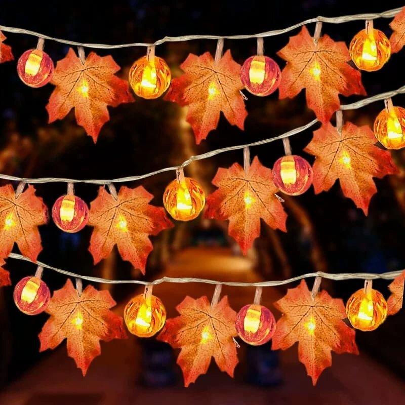 Halloween Led String Lights Orange - ไฟประดับรูปฟักทองใบเมเปิ้ลฮาโลวีน 59/118 นิ้ว ใช้พลังงานจากแบตเตอรี่ สำหรับตกแต่งบ้านในวันขอบคุณพระเจ้า ตกแต่งภายในและภายนอก
