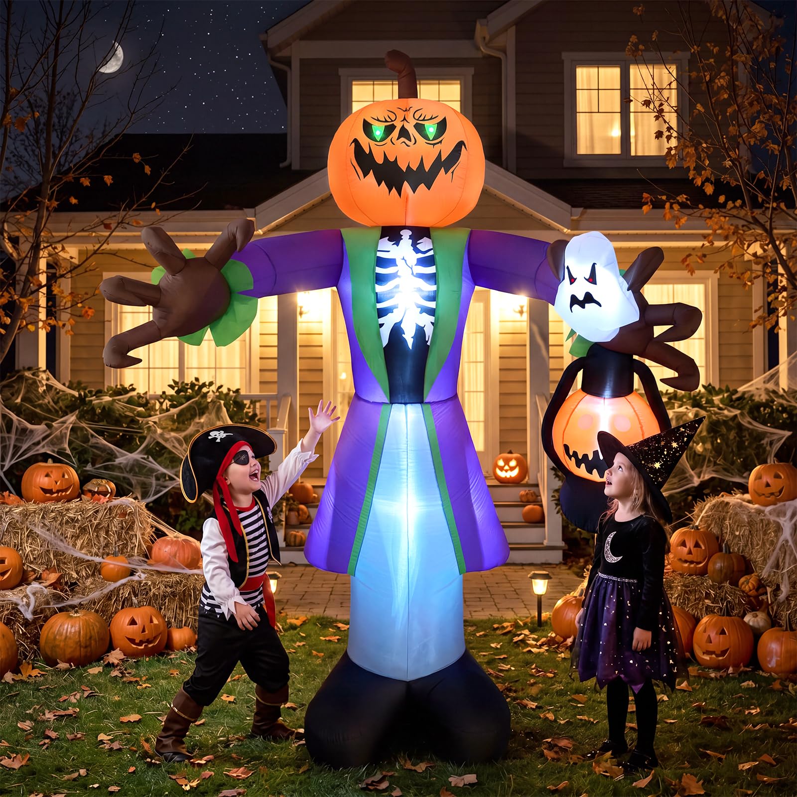 Pumpkin Lantern Halloween - ฟักทองซอมบี้เป่าลมขนาด 8 ฟุต พร้อมไฟ LED และโคมไฟ